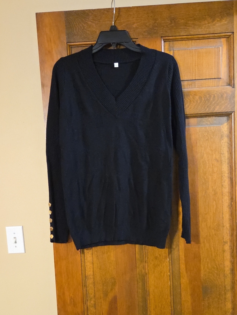 Classic Black V-Neck Sweater with Gold Button Detail - Picture 1 of 4